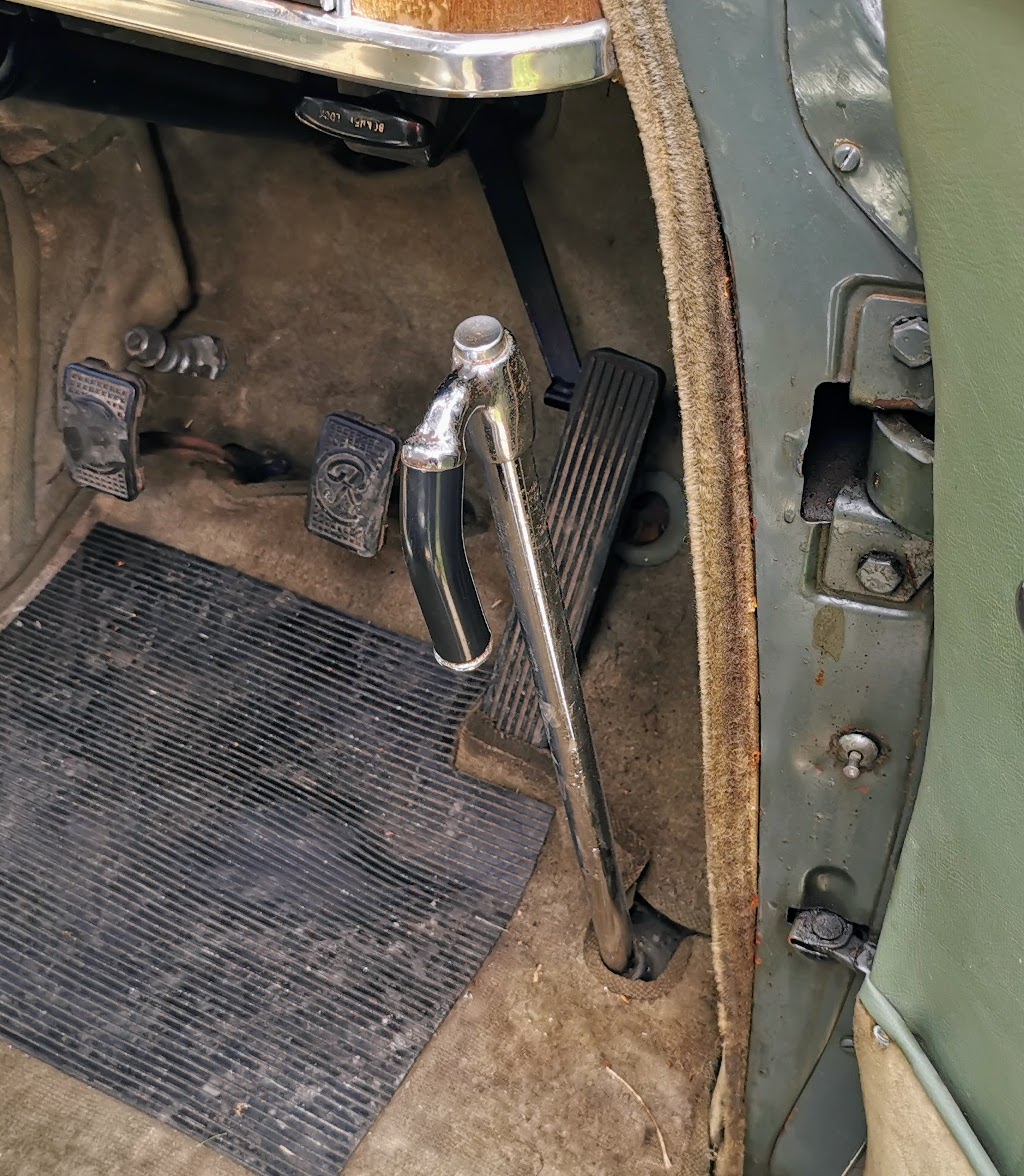 Detail of parking brake control in a 1963 Rover P4 110