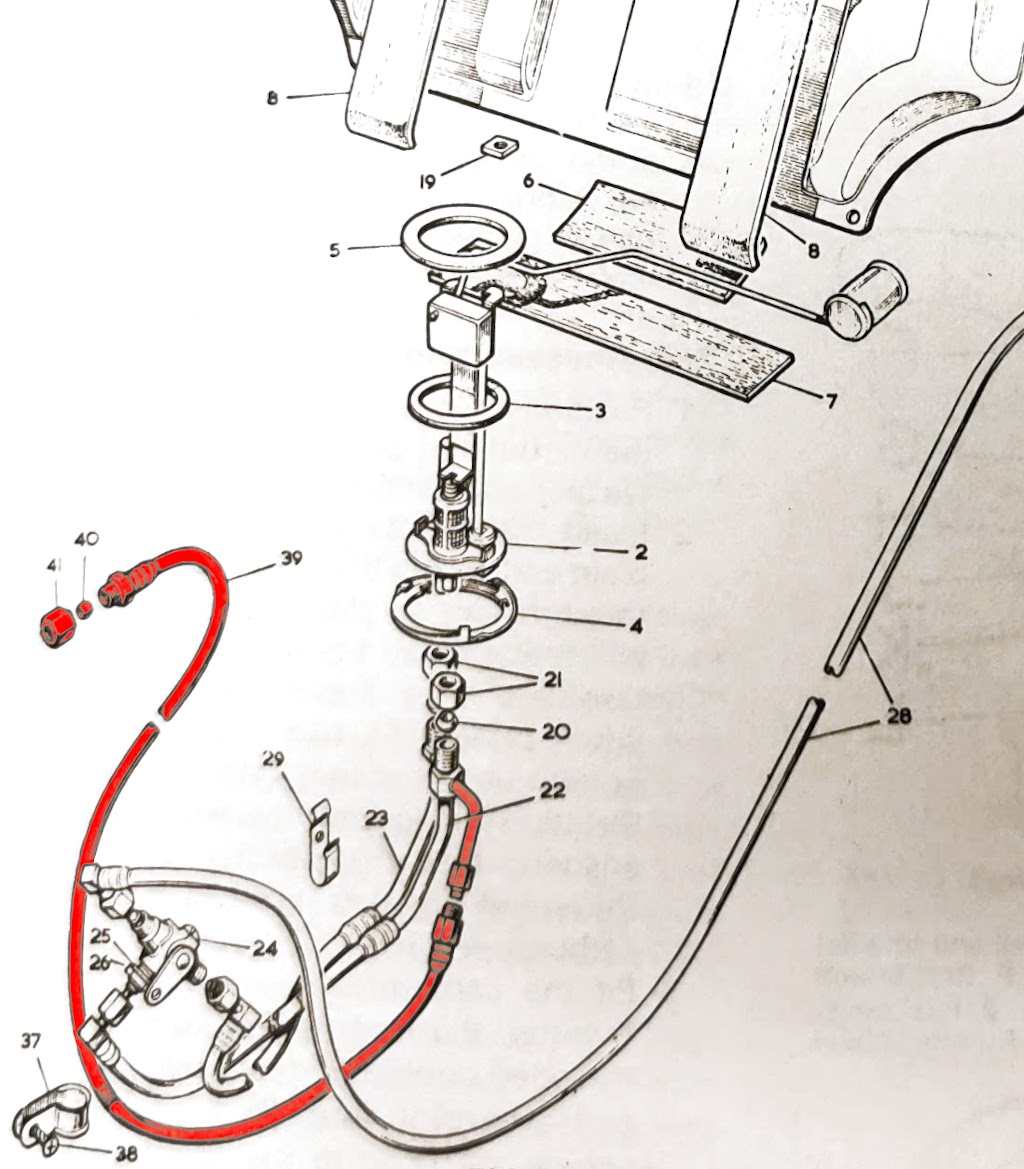 Cropped diagram from an old Autobooks manual highlighting the fuel return line on a Rover P6