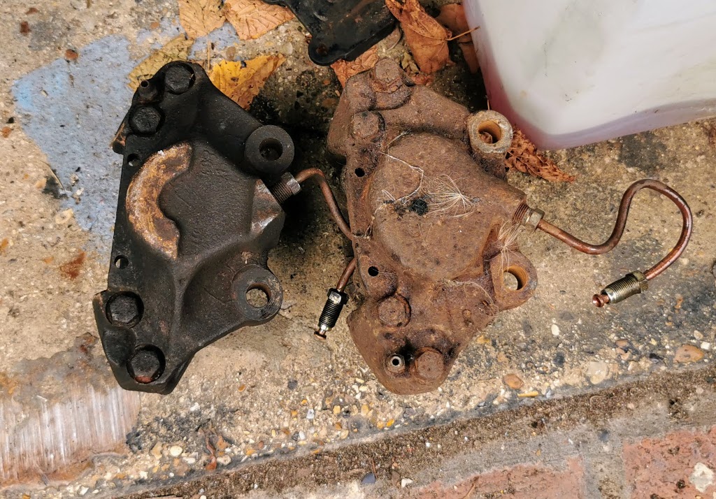 Different brake calipers fitted to a 1978 Vauxhall Cavalier - ATE on the left, Girling on the right.