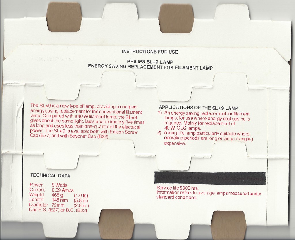 Philips SL*9 Prismatic Compact Fluorescent Lamp - Detail of text on lamp inlay card (1/2)