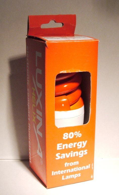 Luxina SCR-11W Orange Coloured Compact Fluorescent Lamp - Overview of cardboard retail packaging lamp was supplied in