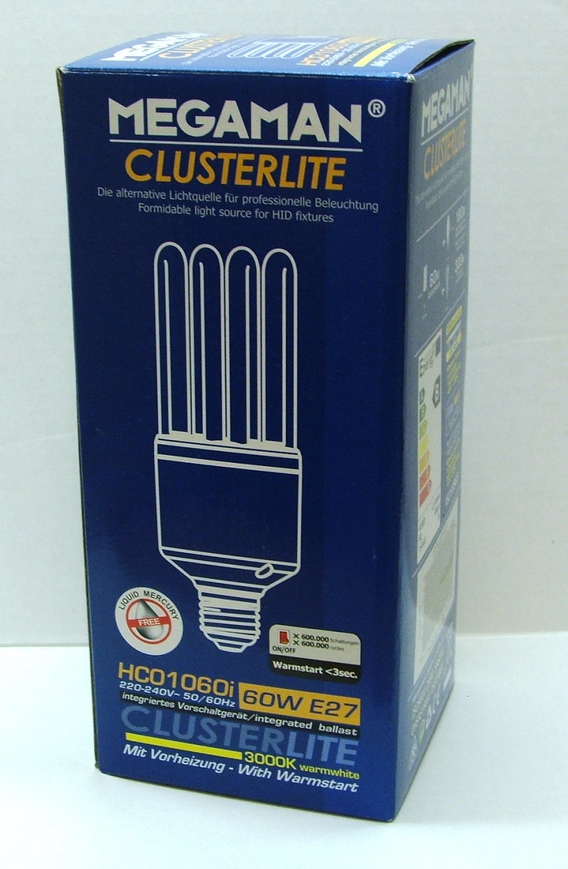 Megaman Clusterlite HC01060i 60W E27 3000K Compact Fluorescent Lamp - Detail of substantial cardboard box this lamp was supplied in