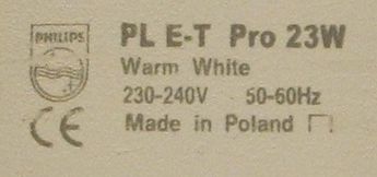 Philips PL E-T Pro 23W Warm White E27 Compact Fluorescent Lamp - Detail of text printed on base of lamp (1/2)