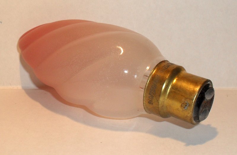 Mazda 40W Pearl Twisted Pink-Tipped Candle Lamp - Showing cap and rear of lamp