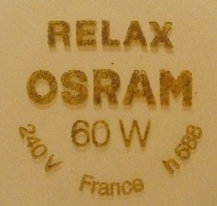Osram Relax 60W Warm White Colour Corrected Lamp - Detail of text printed on lamp crown