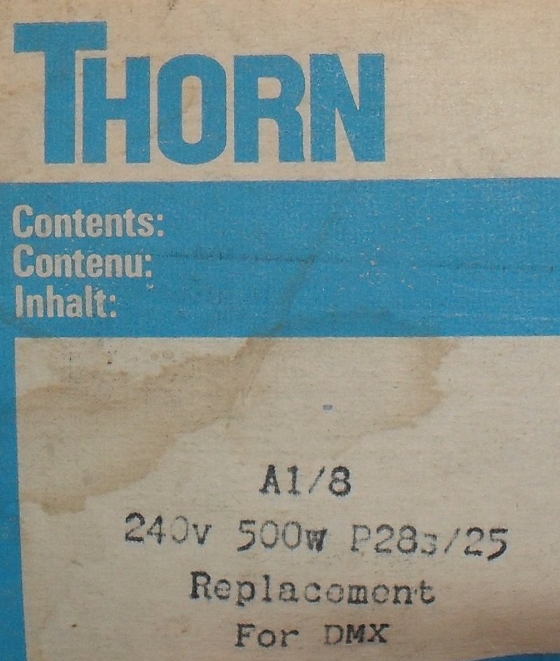 Thorn A1/8 240V 500W P283/25 Projector Lamp - Detail of text printed on packaging