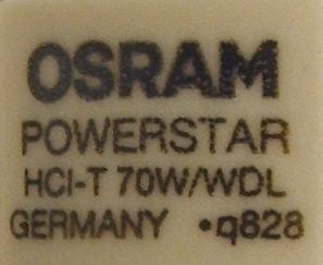 Osram Powerstar HCI-T 70W/WDL Ceramic Metal Halide Lamp - Detail of text printed on lamp base
