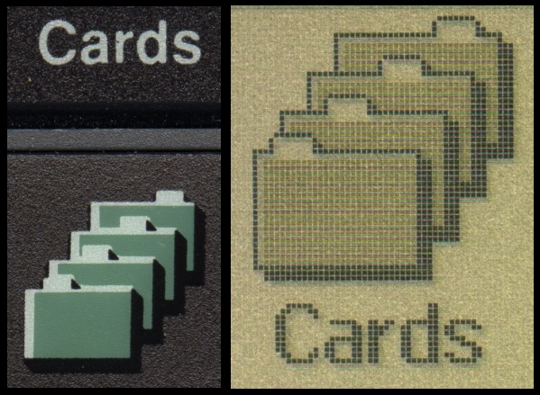 Detail of the "Cards" shortcut key and application icon on an Acorn Pocket Book II