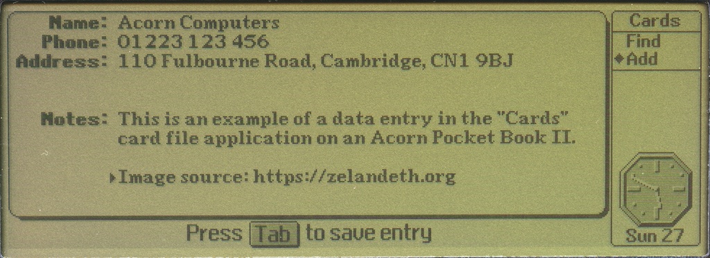 Screenshot of the "Cards" program running on an Acorn Pocket Book II