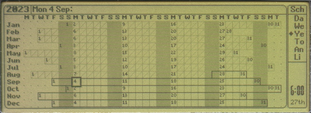 Schedule application running on an Acorn Pocket Book II showing the per-year view