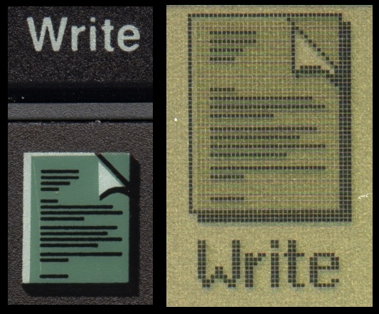 Detail of the "Write" program shortcut key and program icon on an Acorn Pocket Book II