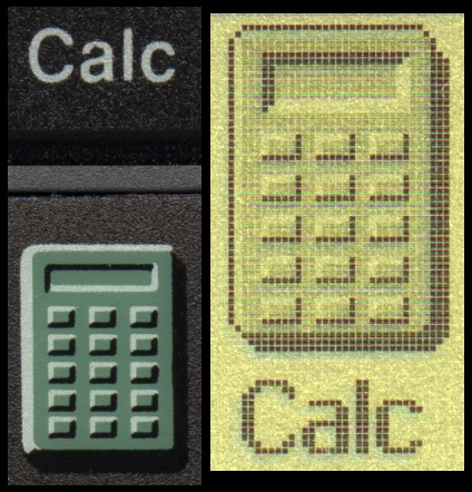 Detail of "Calc" shortcut key and application icon on an Acorn Pocket Book II