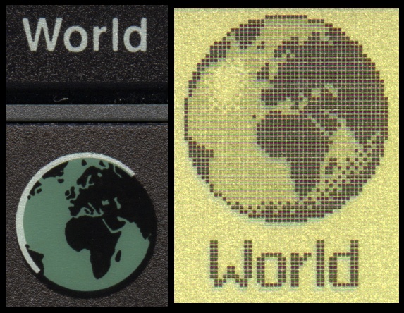 Detail of the World application shortcut key and application icon on an Acorn Pocket Book II