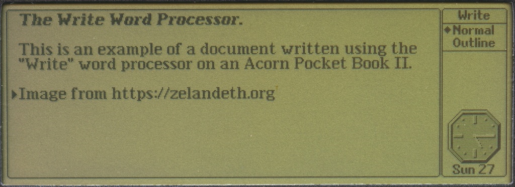A screenshot showing the "Write" word processor application running on an Acorn Pocket Book II
