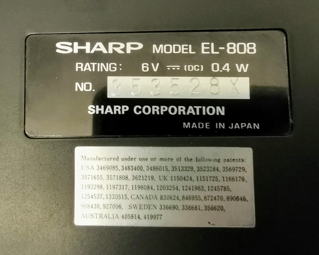 Sharp EL-808 data plate