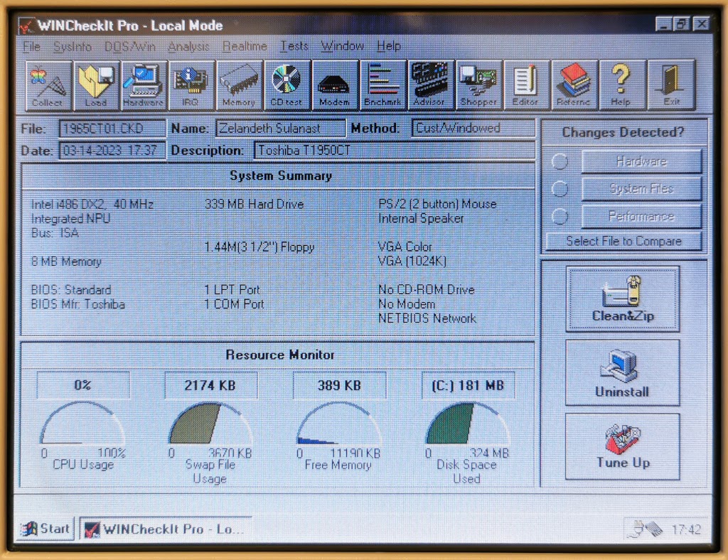 WinCheckIT Pro system summary screen for the Toshiba T1950CT.